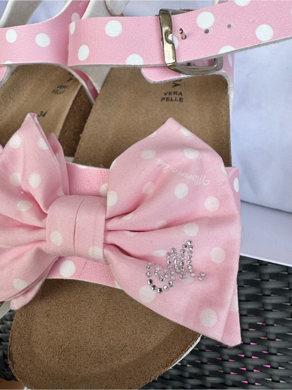Monnalisa Girls Pink Polka Dot Bow Sandals, EU 34, Made in Italy - Picture 4 of 14